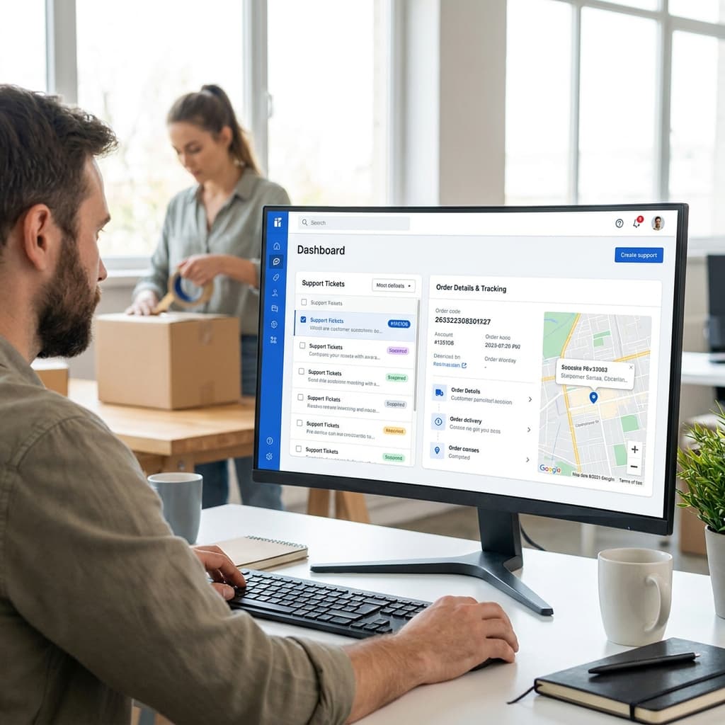 Menedżer e-commerce przegląda zintegrowany pulpit zgłoszeń obsługi i zamówień sklepu internetowego