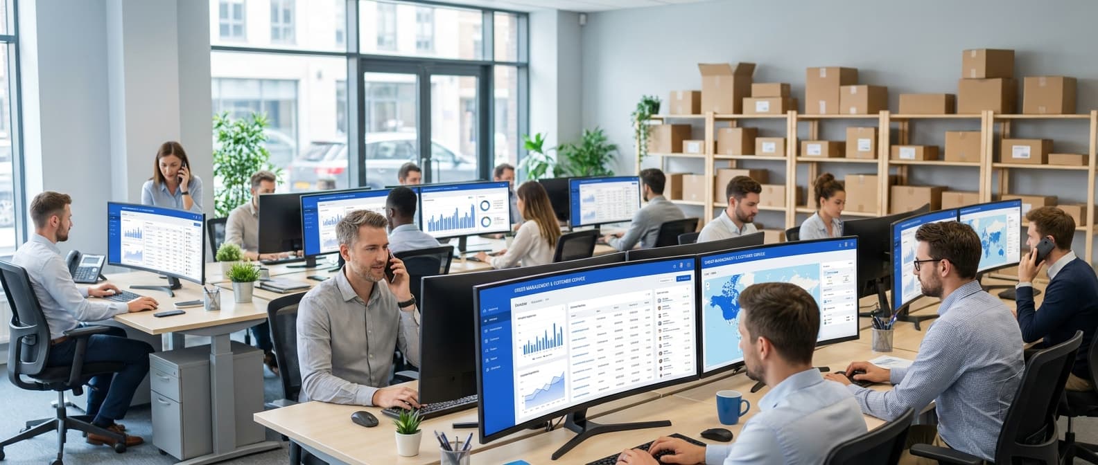 Zespół sklepu internetowego pracujący przy monitorach z pulpitem zamówień i zgłoszeń obsługi klienta