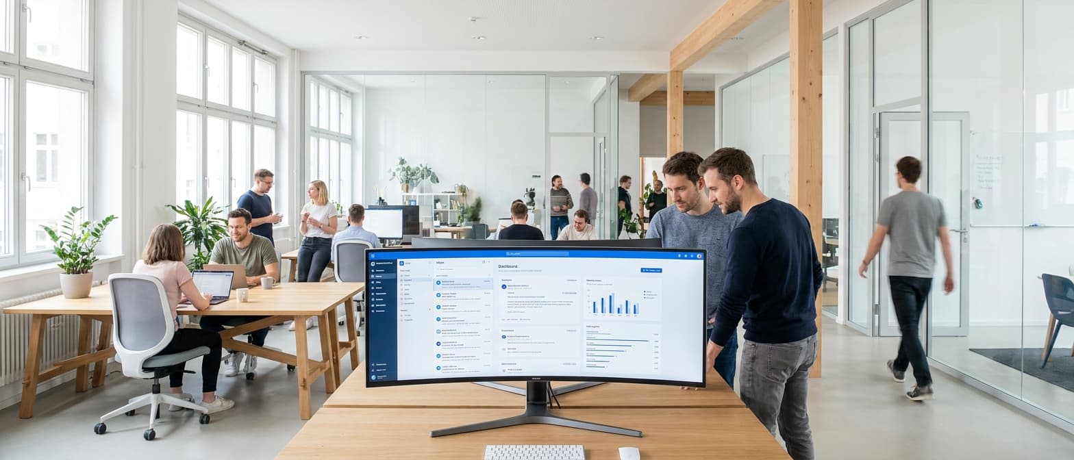 Zespół BespokeSoft analizuje dashboard platformy omnichannel w nowoczesnym biurze