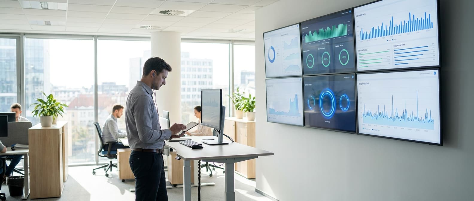 Inżynier monitoruje dashboardy dostępności i czasów reakcji systemów na dużych ekranach w nowoczesnym biurze
