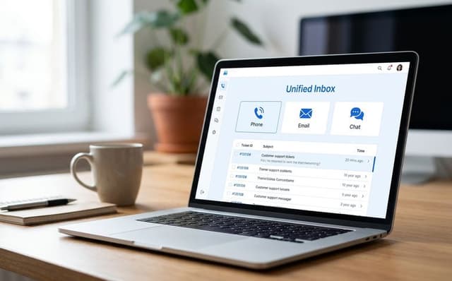 Interfejs platformy omnichannel ze zgłoszeniami z telefonu, e-maila i czatu w jednym widoku