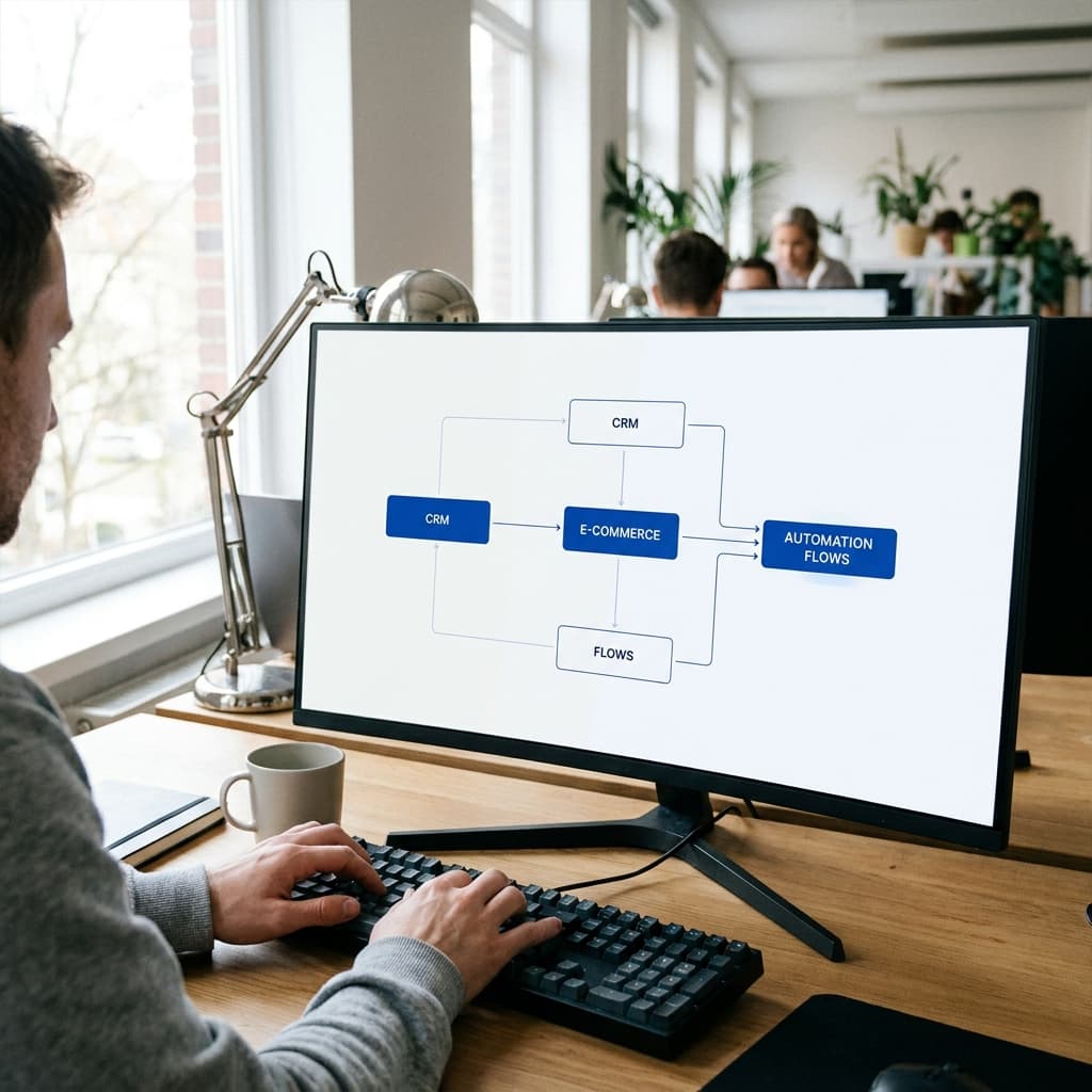 Schemat integracji strony i sklepu z systemem CRM i automatyzacjami na ekranie monitora