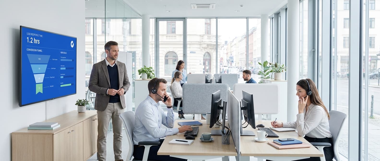 Zespół handlowy B2B przy pracy — na ekranie dashboard z lejkiem sprzedaży i czasem reakcji na leady