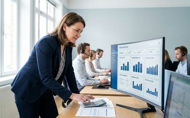 Menedżer obsługi klienta analizuje na monitorze dashboard z kosztami kontaktów, w tle zespół pracujący na słuchawkach