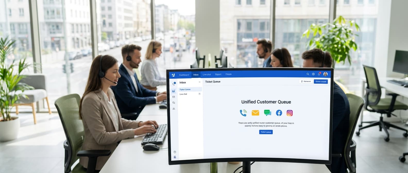 Zespół obsługi klienta pracujący na platformie omnichannel — wszystkie kanały kontaktu w jednym widoku na monitorze