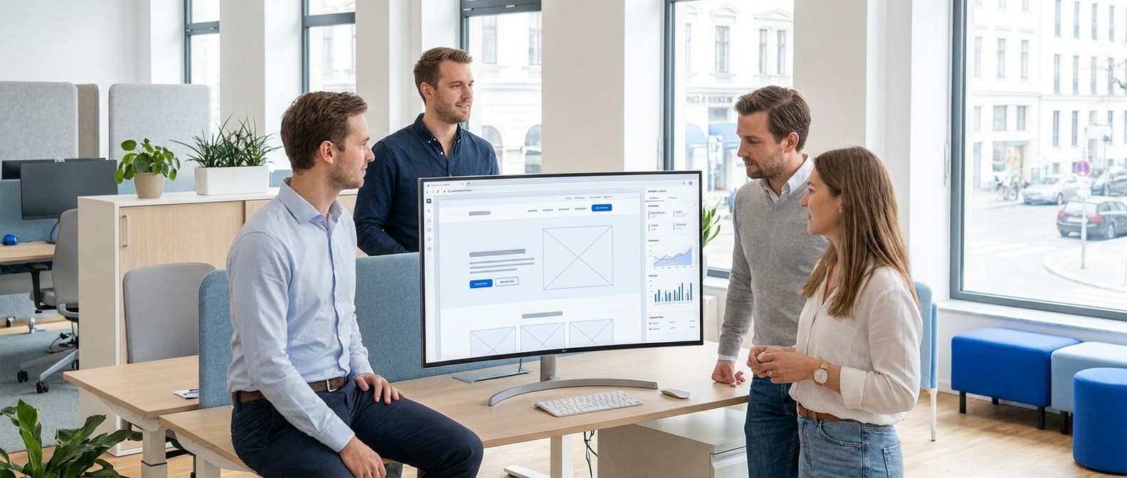 Zespół projektowy omawia układ firmowej strony internetowej na dużym monitorze w nowoczesnym biurze