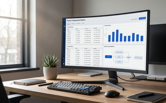 Monitor z dashboardem DataFlow — pipeline danych katalogu produktowego ze statusami synchronizacji