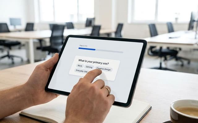 Tablet z interaktywnym przewodnikiem produktowym FlowGuide prowadzącym klienta krok po kroku