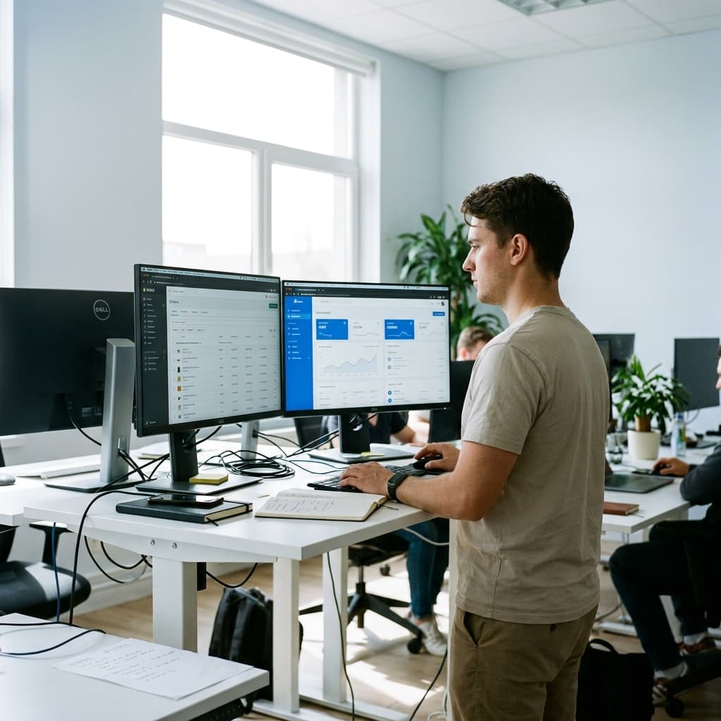 Inżynier łączący panel istniejącego sklepu internetowego z platformą GrowGPT na dwóch monitorach