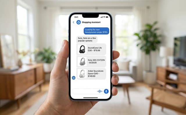 Smartfon z rozmową z asystentem zakupowym ShopScout — czat z rekomendacjami produktów i przyciskiem głosowym