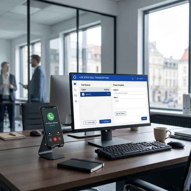 Biurko z telefonem i monitorem pokazującym transkrypcję rozmowy prowadzonej przez agenta głosowego AI