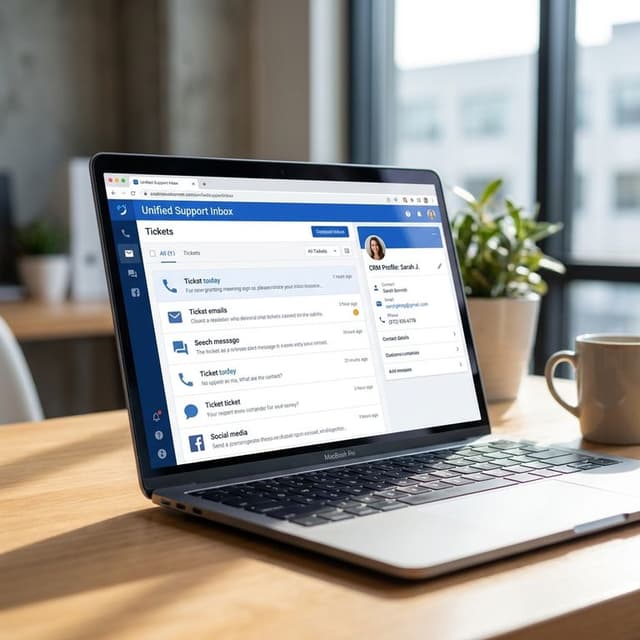 Ekran laptopa z widokiem zgłoszeń platformy omnichannel łączącej telefon, e-mail, czat i social media