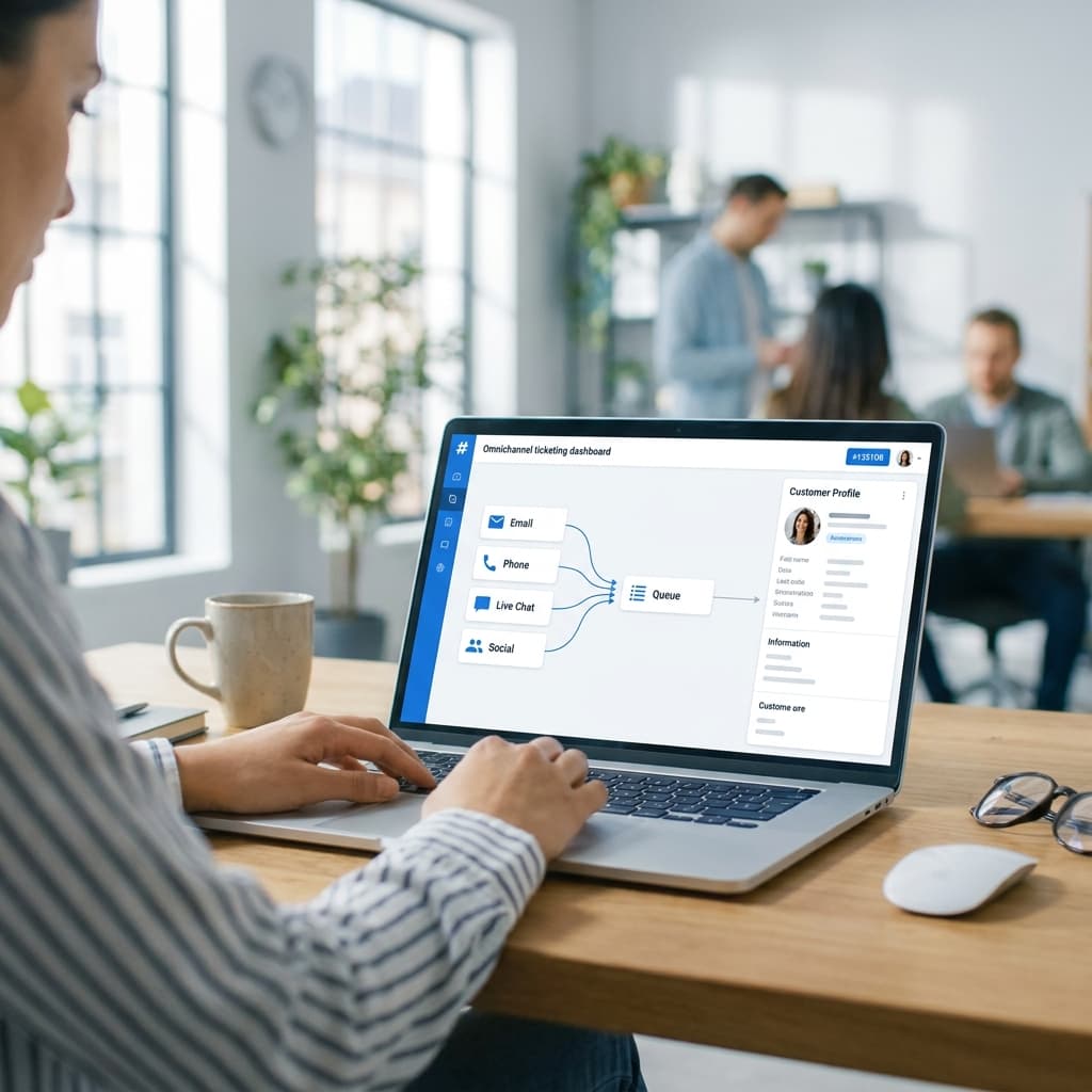 Ekran platformy omnichannel — zgłoszenia z wielu kanałów w jednej kolejce ticketów obok panelu klienta z CRM