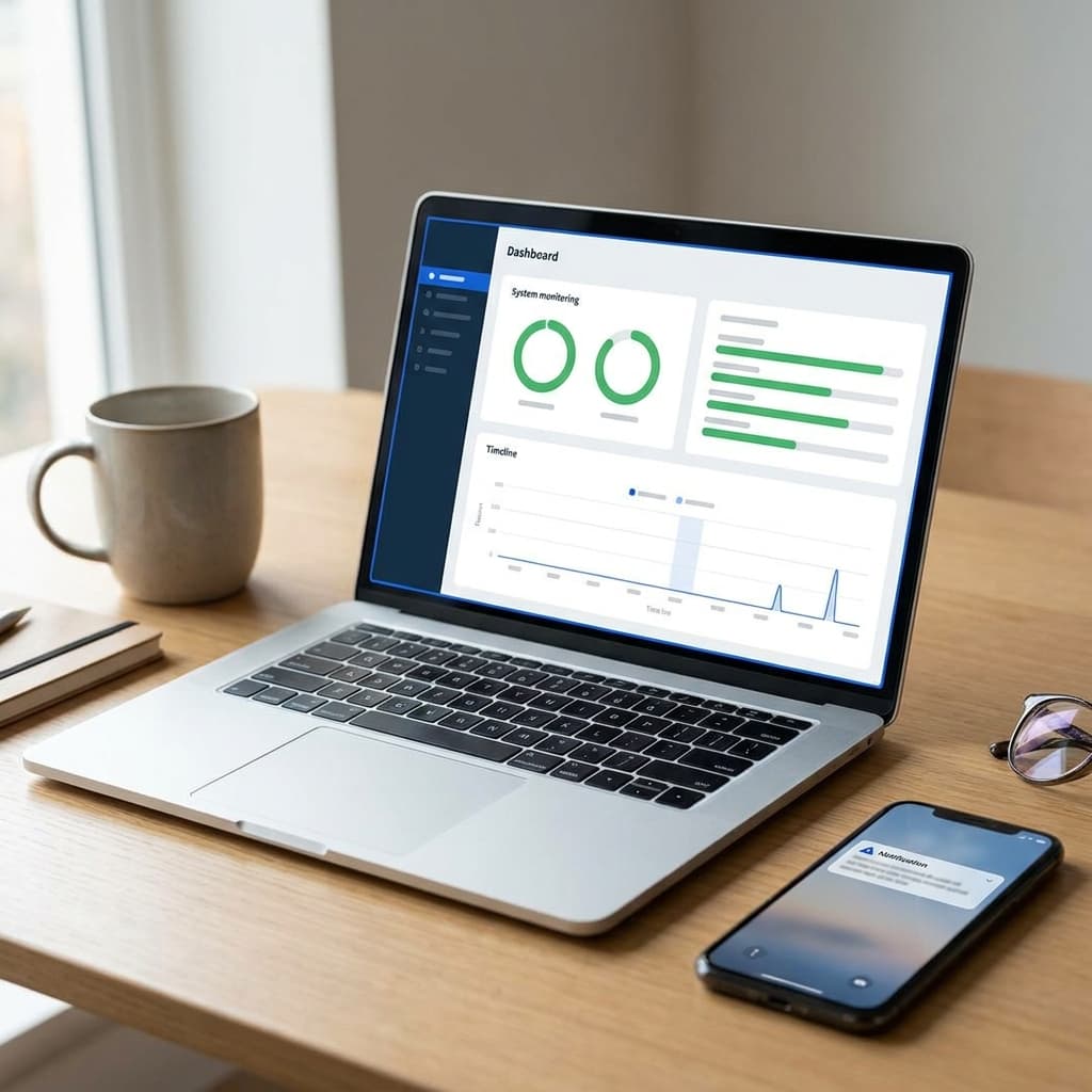 Laptop z dashboardem stanu systemu i telefon z powiadomieniem o alercie na biurku inżyniera utrzymania